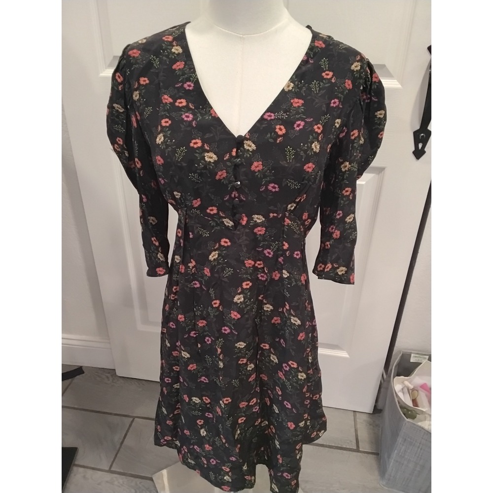 The Kooples Multi Poppy Floral Silk Blend Puff Sleeve Mini Dress Black New-S